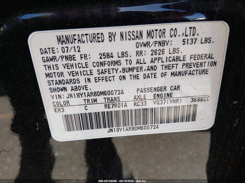 2013 Infiniti M VIN JN1BY1AR8DM600724 IAAI salvage auction — RIGHT FRONT, Salvage (Colorado), sold $925 on 2026-07-07 (photo 9)