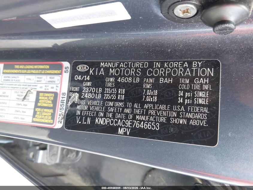 2014 Kia Sportage VIN KNDPCCAC9E7646653 IAAI salvage auction — REAR END, Salvage (Idaho), sold $1,300 on 2026-07-14 (photo 9)