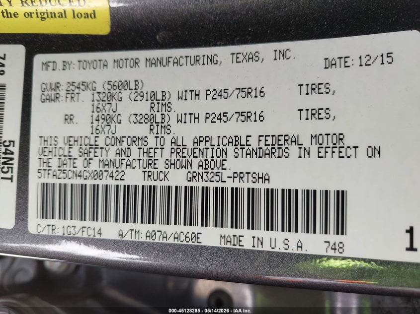 2016 Toyota Tacoma VIN 5TFAZ5CN4GX007422 IAAI salvage auction — FRONT END, Original (Texas), sold $9,900 on 2026-07-20 (photo 9)