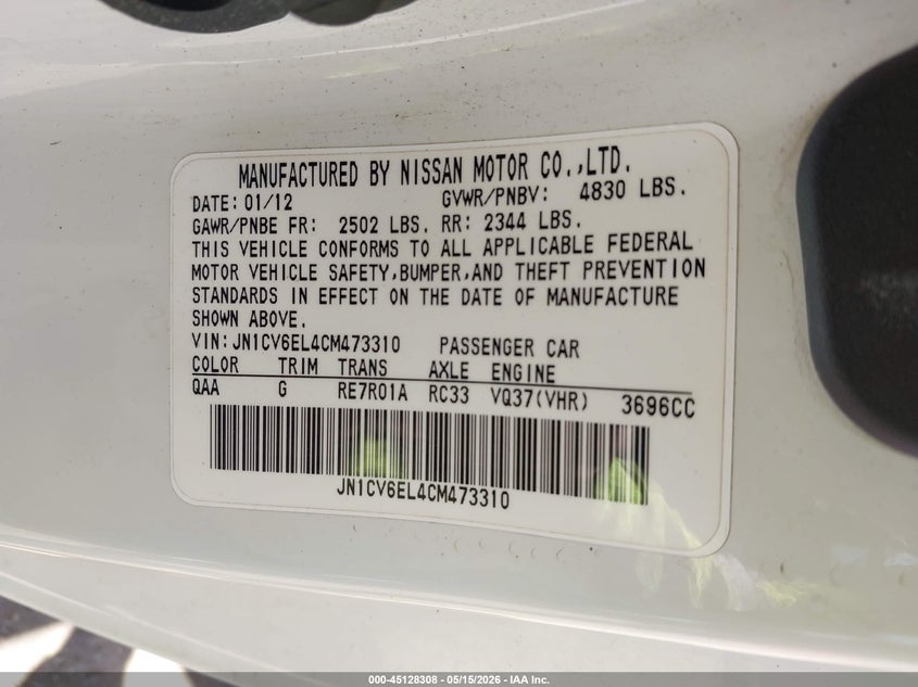 2012 Infiniti G VIN JN1CV6EL4CM473310 IAAI salvage auction — FRONT END, Certificate Of Title (Nebraska), sold $2,900 on 2026-07-16 (photo 9)