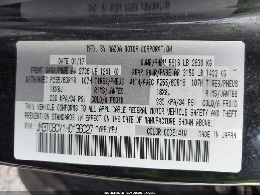 2017 Mazda Cx-9 VIN JM3TCBCY1H0136027 IAAI salvage auction — REAR END, Salvage (Iowa), sold $4,100 on 2026-07-06 (photo 9)