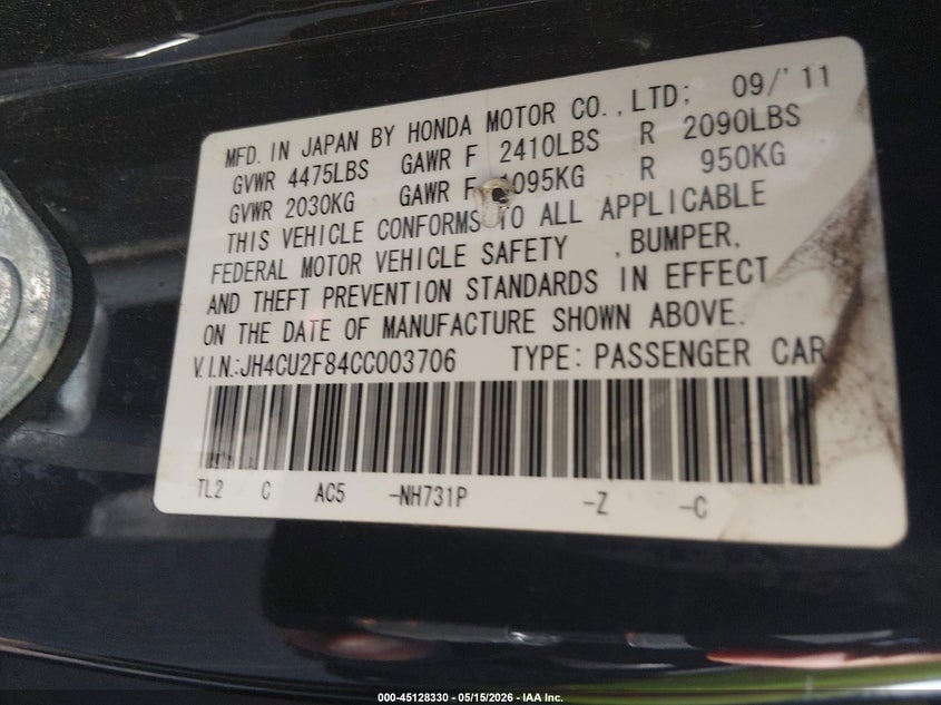 2012 Acura Tsx VIN JH4CU2F84CC003706 IAAI salvage auction — FRONT END, Clear (Arkansas), sold $200 on 2026-07-14 (photo 9)