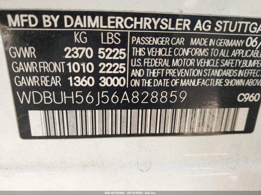 2006 Mercedes-benz E-class VIN WDBUH56J56A828859 IAAI salvage auction — SIDE, Salvage (North Carolina), sold $375 on 2026-07-09 (photo 9)