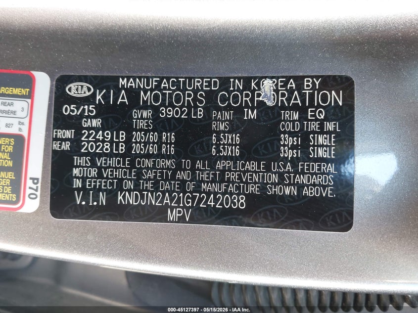 2016 Kia Soul VIN KNDJN2A21G7242038 IAAI salvage auction — LEFT FRONT, Salvage - Greater Than 75% (Maryland), sold $925 on 2026-07-07 (photo 9)