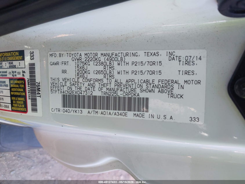2014 Toyota Tacoma VIN 5TFTX4CN2EX047312 IAAI salvage auction — FRONT END, Clear (Tennessee), sold $6,750 on 2026-07-08 (photo 9)