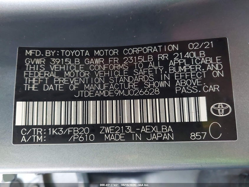 2021 Toyota Corolla VIN JTDEAMDE9MJ026628 IAAI salvage auction — REAR END, Clear (Hawaii), sold $5,000 on 2026-07-30 (photo 9)