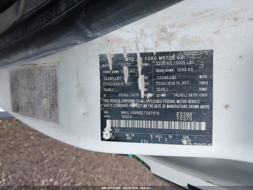 2012 Ford Transit VIN NM0LS6BN5CT087610 IAAI salvage auction — LEFT & RIGHT, Salvage (Iowa), sold $500 on 2026-07-06 (photo 9)