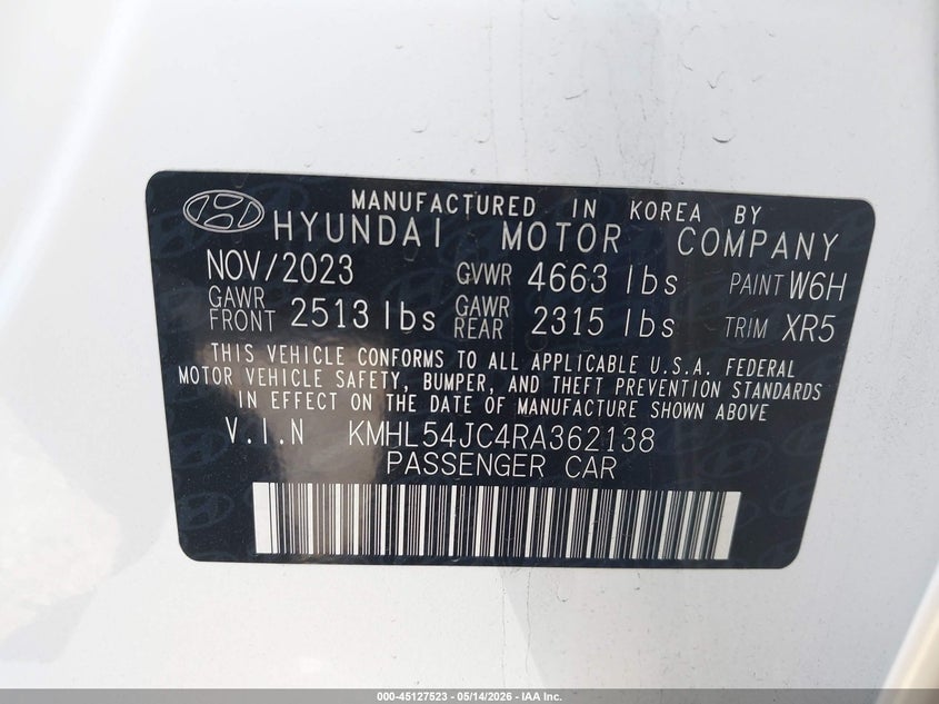 2024 Hyundai Sonata VIN KMHL54JC4RA362138 IAAI salvage auction — FRONT END, Salvage (California), sold $6,200 on 2026-07-29 (photo 9)