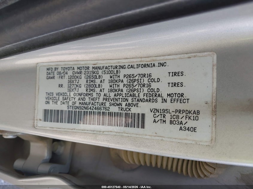 2004 Toyota Tacoma VIN 5TEGN92N64Z466762 IAAI salvage auction — ROOF, Salvage (Oklahoma), sold $1,850 on 2026-07-07 (photo 9)