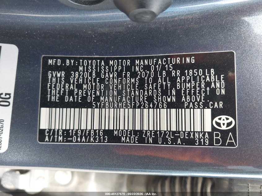 2015 Toyota Corolla VIN 5YFBURHE5FP264766 IAAI salvage auction — SIDE, Salvage (California), sold $2,500 on 2026-07-14 (photo 9)