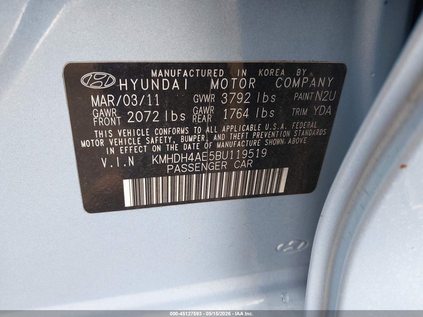 2011 Hyundai Elantra VIN KMHDH4AE5BU119519 IAAI salvage auction — FRONT & REAR, Clear (Indiana), sold $800 on 2026-07-08 (photo 9)
