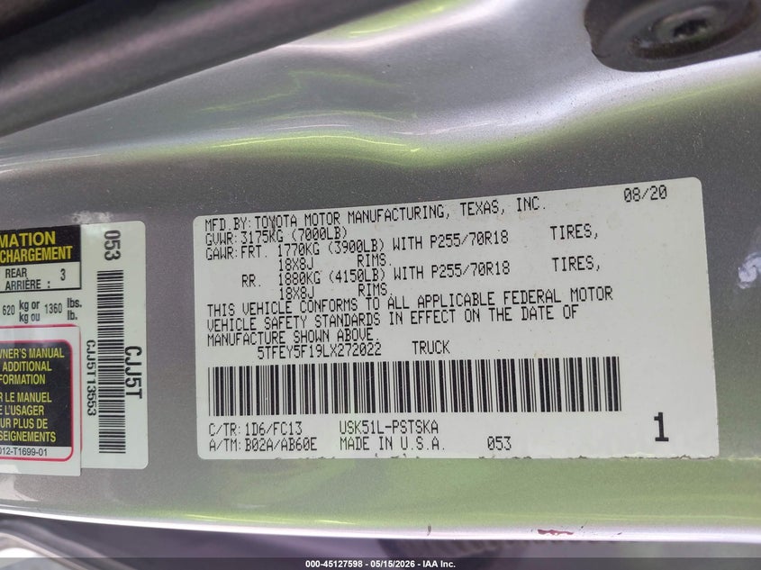 2020 Toyota Tundra VIN 5TFEY5F19LX272022 IAAI salvage auction — FRONT END, Salvage (Texas), sold $11,450 on 2026-07-15 (photo 9)