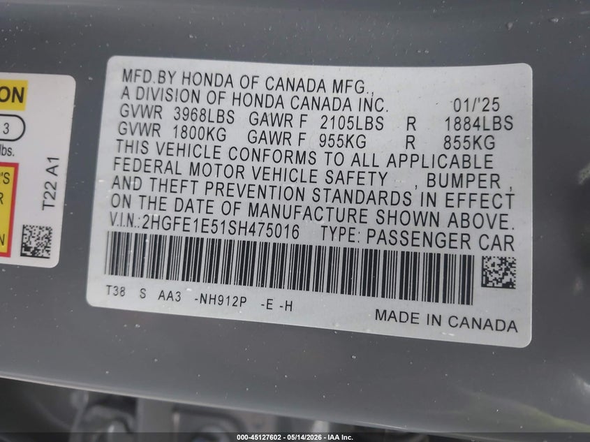 2025 Honda Civic VIN 2HGFE1E51SH475016 IAAI salvage auction — FRONT END, Salvage (Rhode Island), sold $8,100 on 2026-08-22 (photo 9)