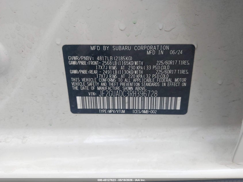 2024 Subaru Xv VIN JF2GUADC3RH396728 IAAI salvage auction — REAR END, Salvage (Arkansas), sold $5,300 on 2026-07-22 (photo 9)
