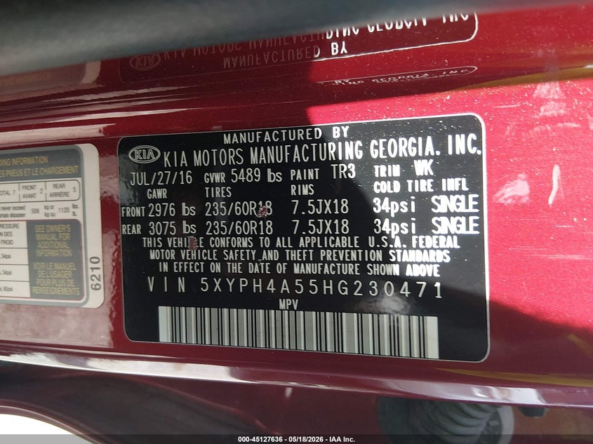 2017 Kia Sorento VIN 5XYPH4A55HG230471 IAAI salvage auction — LEFT REAR, Salvage (Louisiana), sold $1,200 on 2026-07-21 (photo 9)
