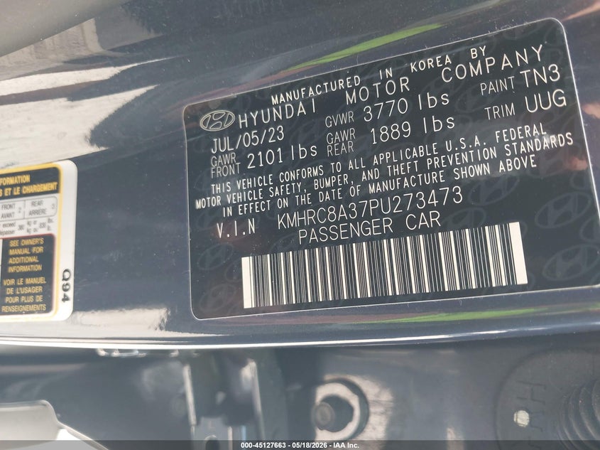 2023 Hyundai Venue VIN KMHRC8A37PU273473 IAAI salvage auction — FRONT END, Certificate Of Destruction (Florida), sold $1,900 on 2026-07-07 (photo 9)