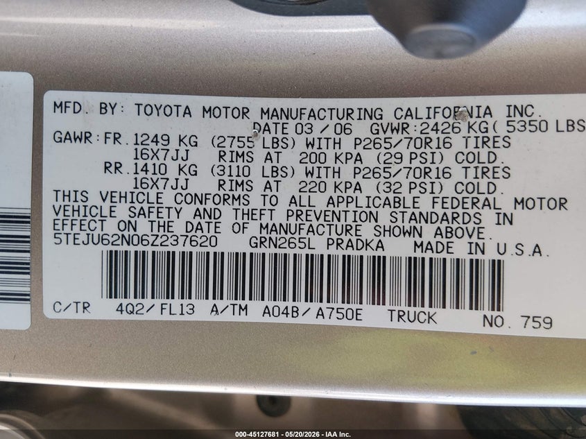 2006 Toyota Tacoma VIN 5TEJU62N06Z237620 IAAI salvage auction — SIDE, Salvage (California), sold $3,150 on 2026-07-16 (photo 9)