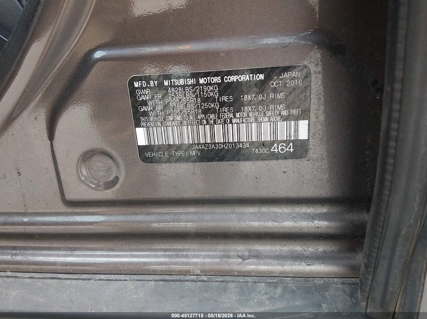 2017 Mitsubishi Outlander VIN JA4AZ3A30HZ013434 IAAI salvage auction — RIGHT SIDE, Salvage (Missouri), sold $1,025 on 2026-07-09 (photo 9)