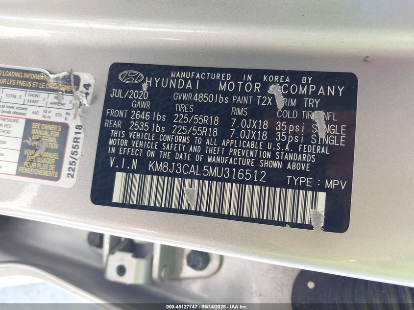 2021 Hyundai Tucson VIN KM8J3CAL5MU316512 IAAI salvage auction — NORMAL WEAR, Salvage (Illinois), sold $5,450 on 2026-07-20 (photo 9)