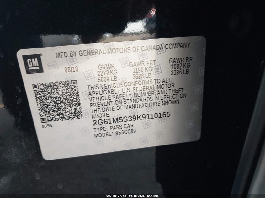 2019 Cadillac Xts VIN 2G61M5S39K9110165 IAAI salvage auction — FRONT END, Salvage (California), sold $2,450 on 2026-08-31 (photo 9)