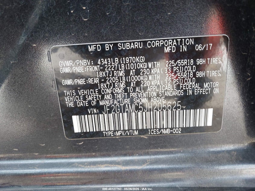 2018 Subaru Xv VIN JF2GTAMC5JH205625 IAAI salvage auction — FRONT END, Salvage (New Mexico), sold $2,800 on 2026-07-30 (photo 9)
