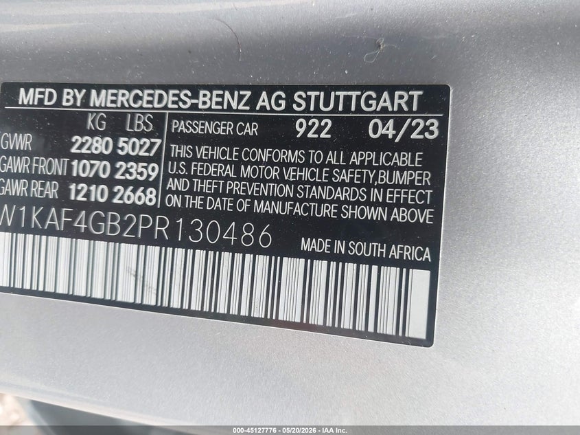 2023 Mercedes-benz C-klasse VIN W1KAF4GB2PR130486 IAAI salvage auction — FRONT END, Salvage (Alabama), sold $13,700 on 2026-07-22 (photo 9)