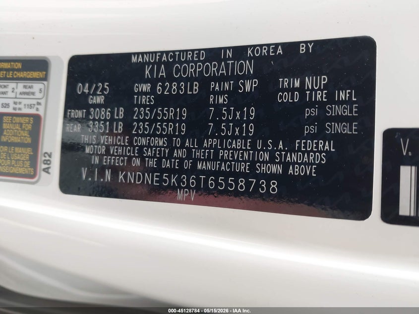 2026 Kia Carnival VIN KNDNE5K36T6558738 IAAI salvage auction — REAR END, Salvage (California), sold $21,100 on 2026-07-17 (photo 9)