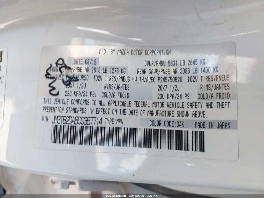 2012 Mazda Cx-9 VIN JM3TB2DA6C0367714 IAAI salvage auction — FRONT END, Salvage (Texas), sold $200 on 2026-07-28 (photo 9)