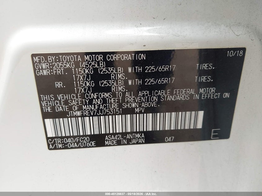 2018 Toyota Rav 4 VIN JTMWFREV7JJ753151 IAAI salvage auction — REAR END, Salvage (California), sold $5,850 on 2026-07-20 (photo 9)