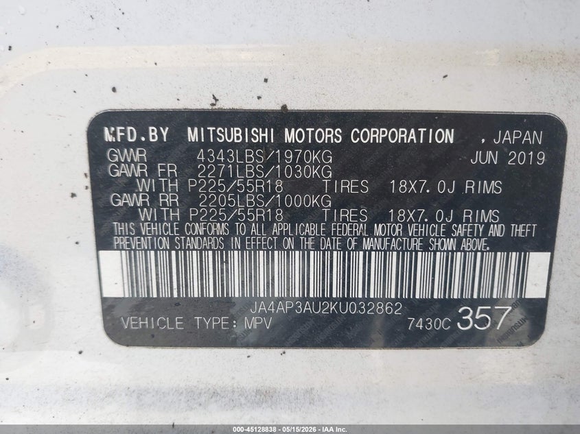 2019 Mitsubishi Outlander VIN JA4AP3AU2KU032862 IAAI salvage auction — LEFT FRONT, Salvage (Virginia), sold $3,275 on 2026-07-07 (photo 9)