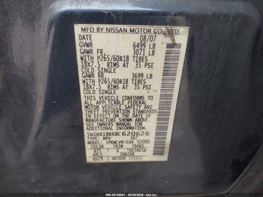 2008 Nissan Pathfinder VIN 5N1BR18B68C620626 IAAI salvage auction — FRONT END, Original (Texas), sold $525 on 2026-07-24 (photo 9)