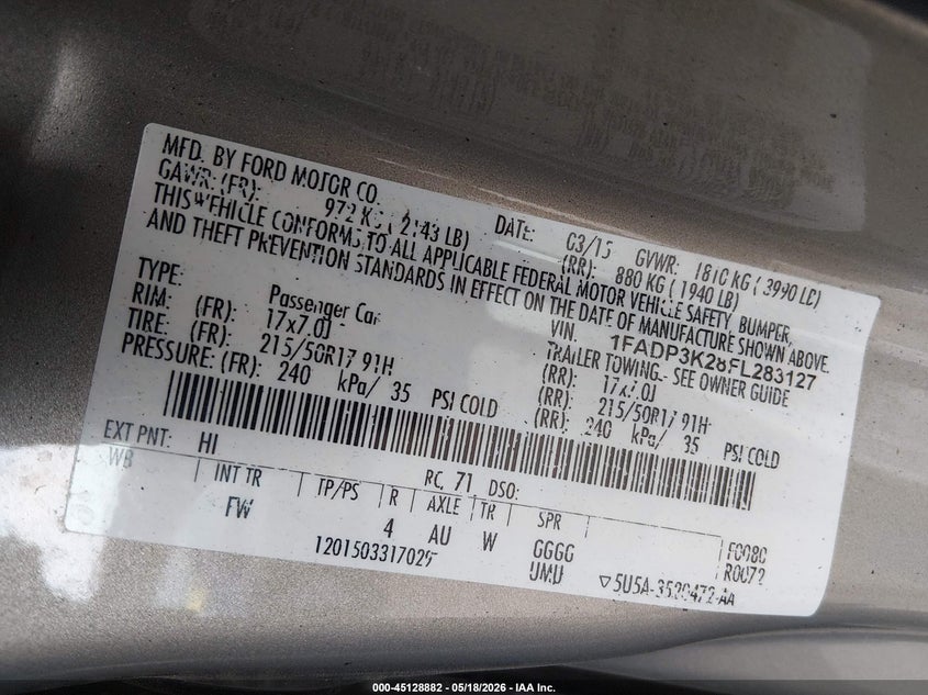 2015 Ford Focus VIN 1FADP3K28FL283127 IAAI salvage auction — FRONT END, Salvage (Texas), sold $700 on 2026-07-21 (photo 9)