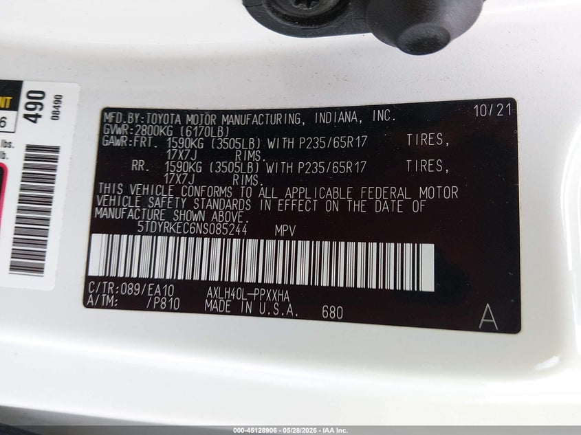 2022 Toyota Sienna VIN 5TDYRKEC6NS085244 IAAI salvage auction — RIGHT FRONT, Salvage Title, sold $11,275 on 2026-07-23 (photo 9)