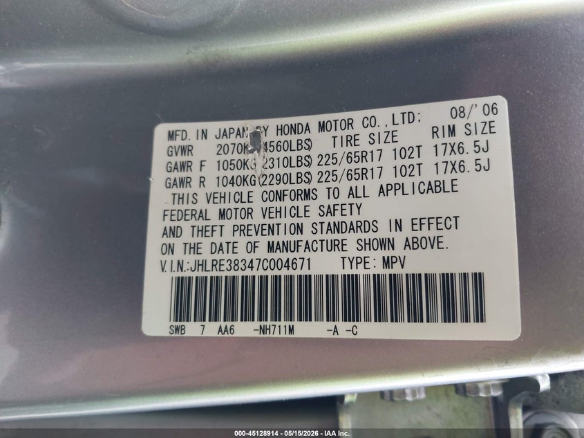2007 Honda Cr-v VIN JHLRE38347C004671 IAAI salvage auction — ROLLOVER, Non-Repairable (California), sold $250 on 2026-07-08 (photo 9)