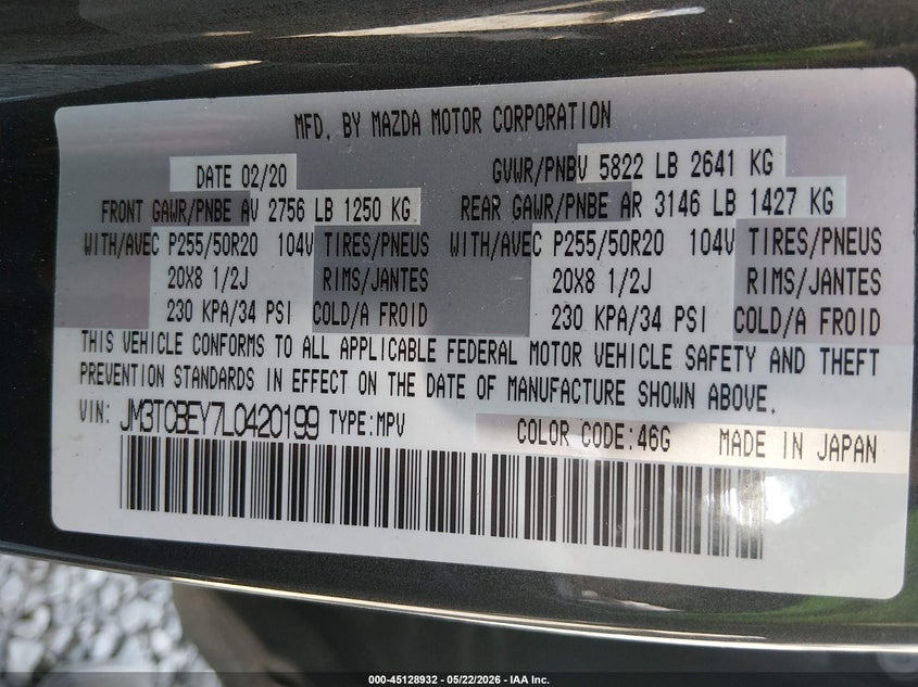 2020 Mazda Cx-9 VIN JM3TCBEY7L0420199 IAAI salvage auction — REAR END, Salvage (Oregon), sold $6,800 on 2026-07-13 (photo 9)