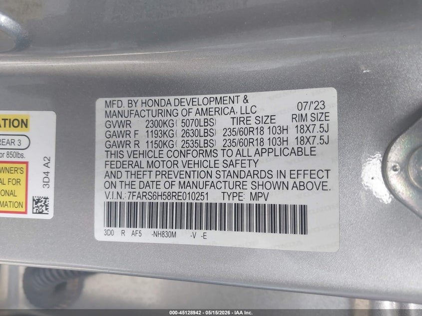 2024 Honda Cr-v VIN 7FARS6H58RE010251 IAAI salvage auction — RIGHT FRONT, Salvage (California), sold $13,900 on 2026-07-22 (photo 9)