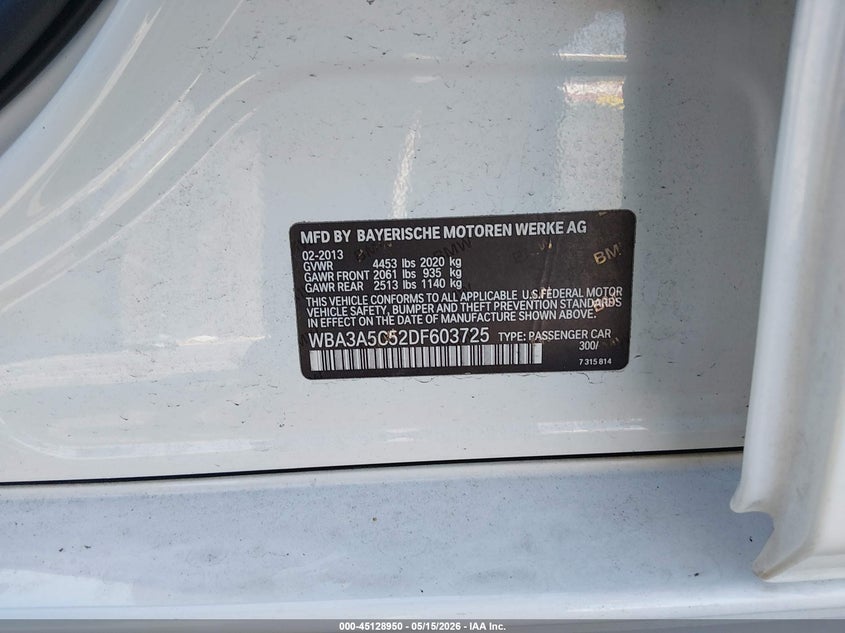 2013 BMW 3er VIN WBA3A5C52DF603725 IAAI salvage auction — FRONT END, Salvage (California), sold $1,800 on 2026-07-08 (photo 9)