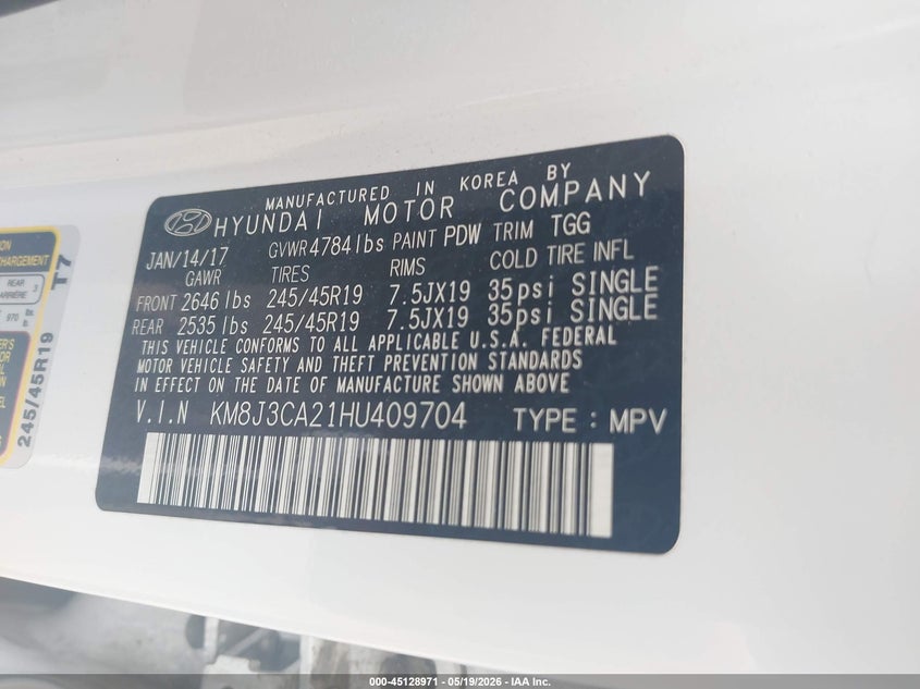 2017 Hyundai Tucson VIN KM8J3CA21HU409704 IAAI salvage auction — UNDERCARRIAGE, Salvage (Idaho), sold $2,250 on 2026-07-31 (photo 9)
