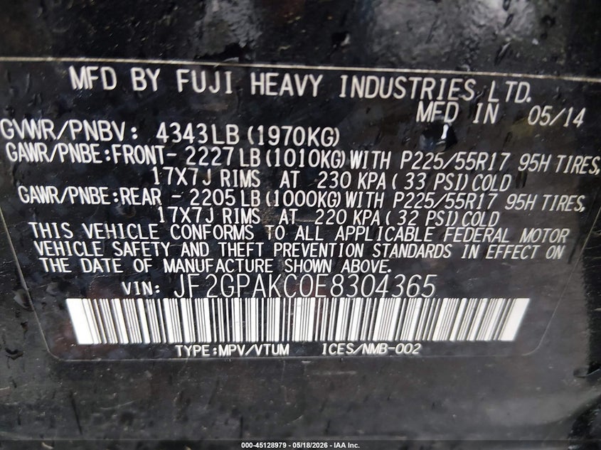 2014 Subaru Xv VIN JF2GPAKC0E8304365 IAAI salvage auction — LEFT FRONT, Clear (Colorado), sold $1,200 on 2026-07-28 (photo 9)