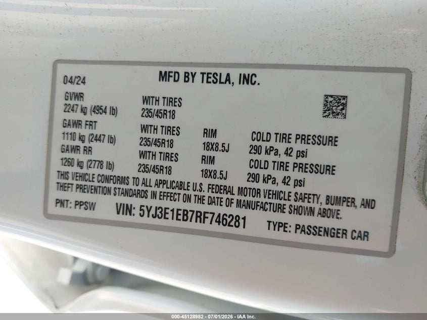 2024 Tesla Model 3 VIN 5YJ3E1EB7RF746281 IAAI salvage auction — REAR END, Clear (Missouri), sold $24,100 on 2026-07-21 (photo 9)