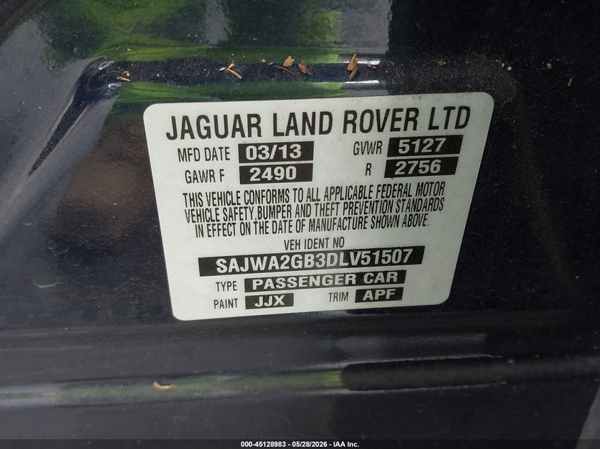 2013 Jaguar Xj VIN SAJWA2GB3DLV51507 IAAI salvage auction — WATER/FLOOD, Salvage (California), sold $250 on 2026-07-29 (photo 9)