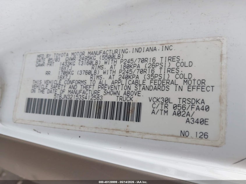 2003 Toyota Tundra VIN 5TBJN32153S412583 IAAI salvage auction — NORMAL WEAR, Salvage (Texas), sold $3,450 on 2026-07-14 (photo 9)