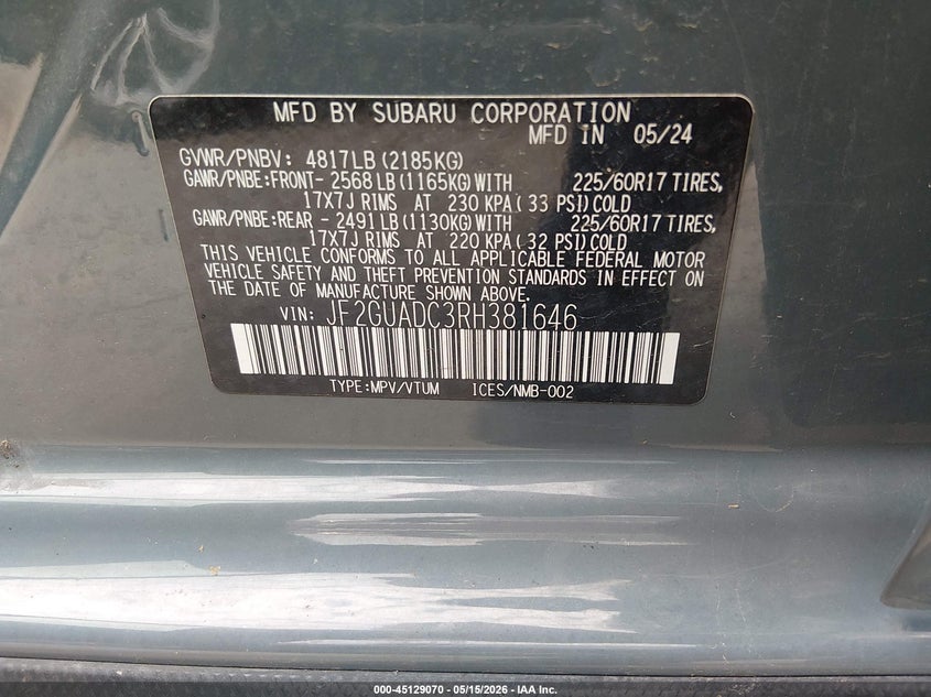 2024 Subaru Xv VIN JF2GUADC3RH381646 IAAI salvage auction — HAIL, Salvage (Ohio), sold $11,450 on 2026-07-21 (photo 9)