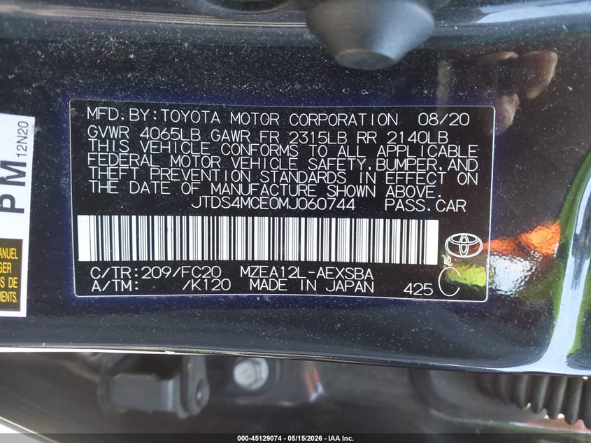 2021 Toyota Corolla VIN JTDS4MCE0MJ060744 IAAI salvage auction — FRONT END, Salvage (Idaho), sold $4,200 on 2026-07-13 (photo 9)