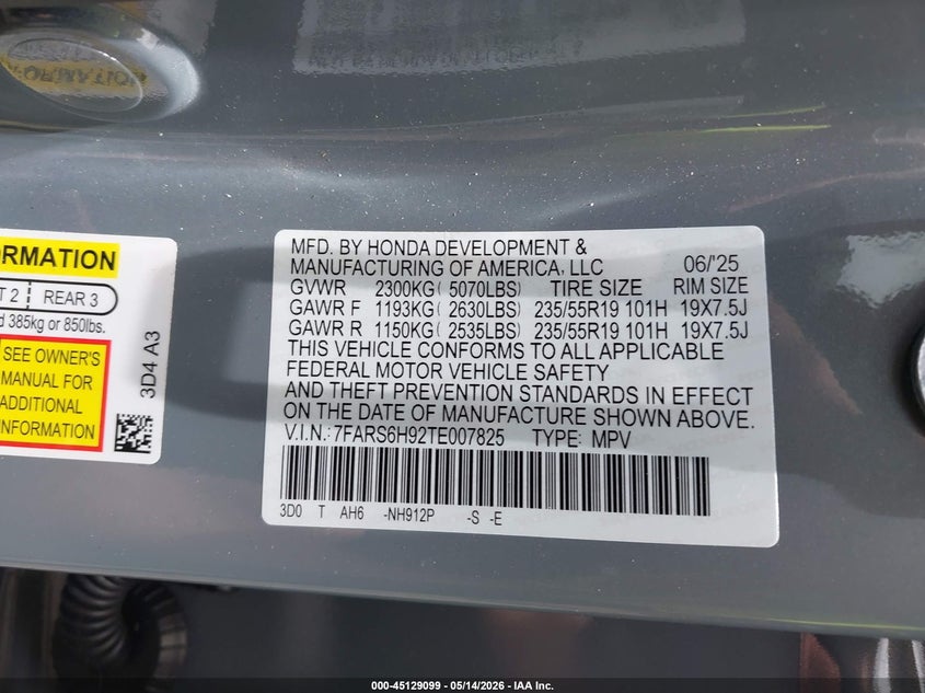 2026 Honda Cr-v VIN 7FARS6H92TE007825 IAAI salvage auction — FRONT END, Salvage (Hawaii), sold $7,800 on 2026-07-21 (photo 9)