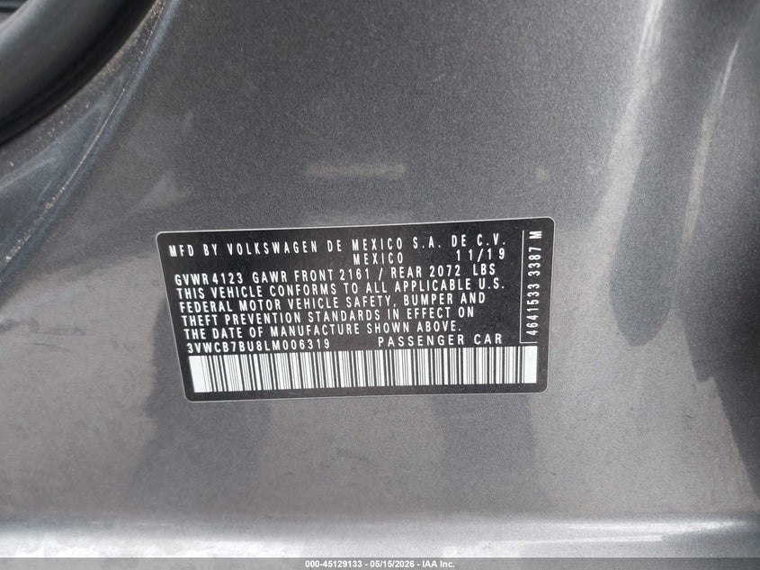 2020 Volkswagen Jetta VIN 3VWCB7BU8LM006319 IAAI salvage auction — FRONT & REAR, Salvage (California), sold $5,100 on 2026-07-11 (photo 9)