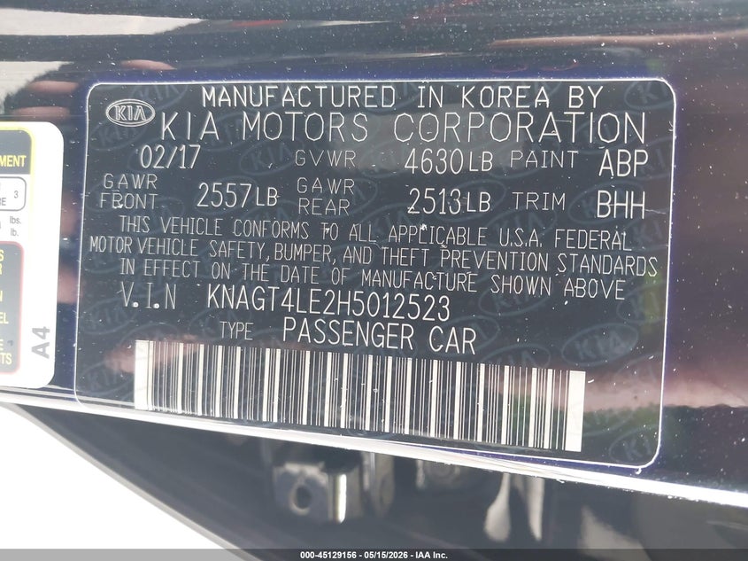 2017 Kia Optima VIN KNAGT4LE2H5012523 IAAI salvage auction — REAR END, Salvage Title, sold $2,700 on 2026-07-31 (photo 9)