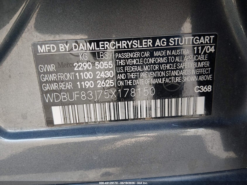 2005 Mercedes-benz E-class VIN WDBUF83J75X178150 IAAI salvage auction — FRONT END, Salvage (Utah), sold $25 on 2026-07-17 (photo 9)