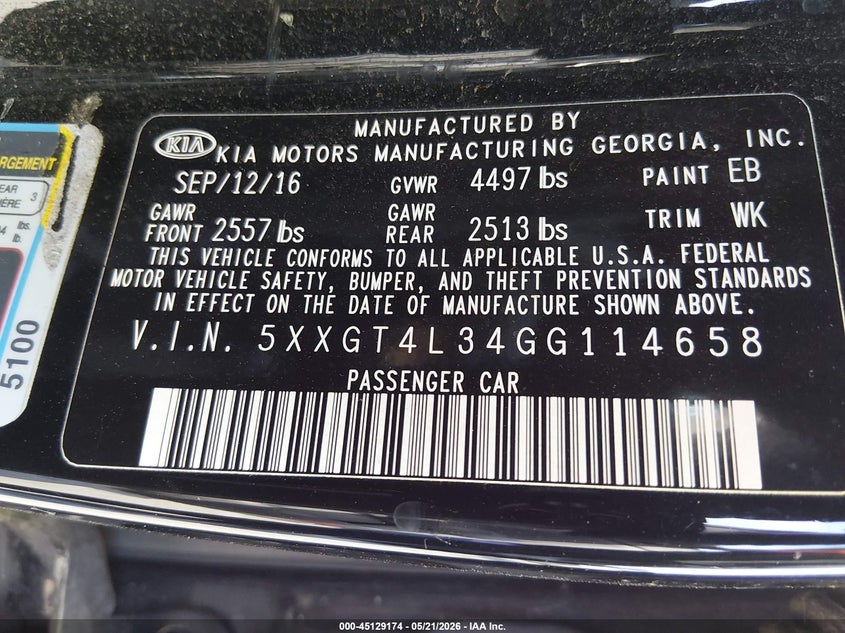 2016 Kia Optima VIN 5XXGT4L34GG114658 IAAI salvage auction — THEFT, Salvage (California), sold $1,850 on 2026-07-23 (photo 9)