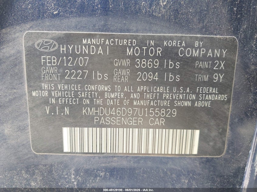 2007 Hyundai Elantra VIN KMHDU46D97U155829 IAAI salvage auction — NORMAL WEAR, Salvage (Texas), sold $250 on 2026-07-28 (photo 9)